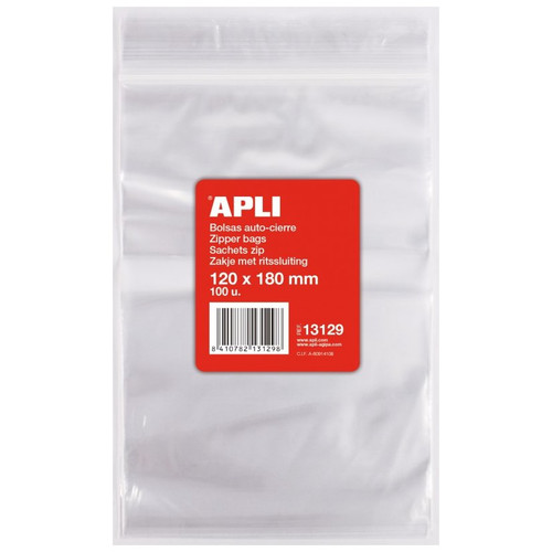 Apli Pack de 100 Bolsas de Auto Cierre 120 x 180 mm --HO30 Apli Pack de 100 Bolsas de Auto Cierre 120 x 180 mm -