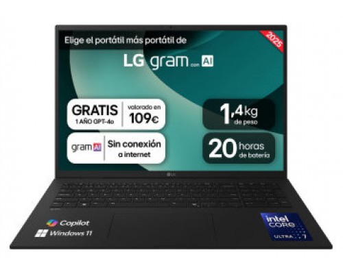 LG 17Z90T-G.AA78B ordenador portatil Intel Core Ultra 7 255H Portátil 43,2 cm (17") WQXGA 16 GB LPDDR5x-SDRAM 1 TB Unidad de disco duro Wi-Fi 7 (802.11be) Windows 11 Home Negro (Espera 4 dias)