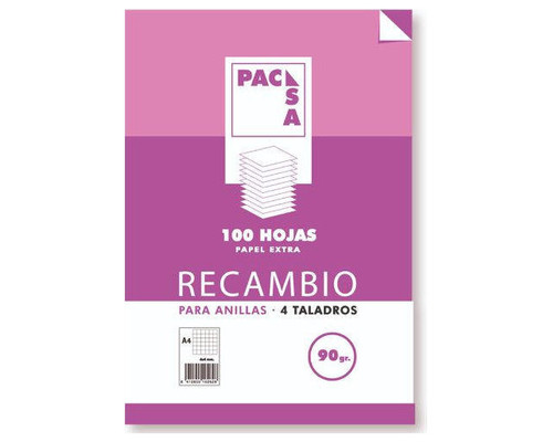 RECAMBIO 90 GRS . 4 TALADROS FOLIO (215X310MM.) 100 HOJAS CUADRÍCULA 4X4 CON MARGEN PACSA 21261 (Espera 4 dias)-SX41 RECAMBIO 90 GRS . 4 TALADROS FOLIO (215X310MM.) 100 HOJAS CUADRÍCULA 4X4 CON MARGEN PACSA 21261 (Espera 4 dias)