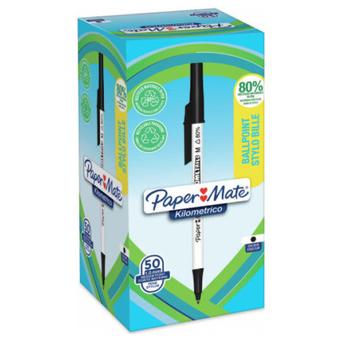 CAJA 50 BOL&Iacute;GRAFOS PAPER MATE KILOM&Eacute;TRICO PUNTA MEDIANA (1,0MM) TINTA NEGRA 80% PL&Aacute;STICO RECICLADO PAPER MATE 2187701 (Espera 4 dias)