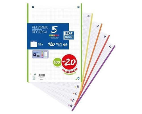 OXFORD RECAMBIO 4 TALADROS 100H+20 GRATIS 90G CUADRICULA 5X5 A4 BAN COLORES VIVOS