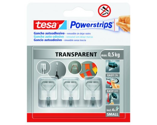 BLISTER 3 GANCHOS ADHESIVOS ALAMBRE POWERSTRIPS 0,5KG TAMAÑO S TRANSPARENTE TESA 58620-00001-01 (Espera 4 dias)