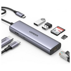 UGREEN HUB 7 EN 1, 2USB3.0, LECTORTARJETA, MICROSD, RJ45 ETHERNET GGBT1000MBPS, USB C100W (Espera 4 dias)