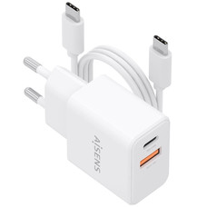 AISENS - CARGADOR GaN 20W CON CABLE USB-C 1M, 1xUSB-C PD3.0, 1xUSB-A QC3.0, BLANCO-IR35 AISENS - CARGADOR GaN 20W CON CABLE USB-C 1M, 1xUSB-C PD3.0, 1xUSB-A QC3.0, BLANCO