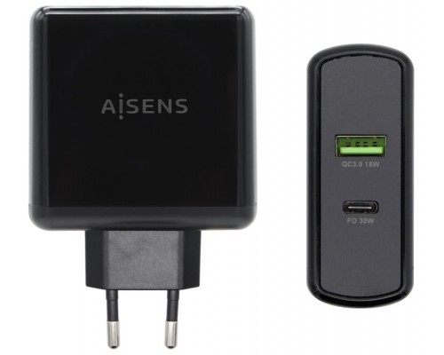 CARGADOR AISENS 48W 1xUSB-C PD3.0 30W 1xUSB-A QC3.0 18W NEGRO