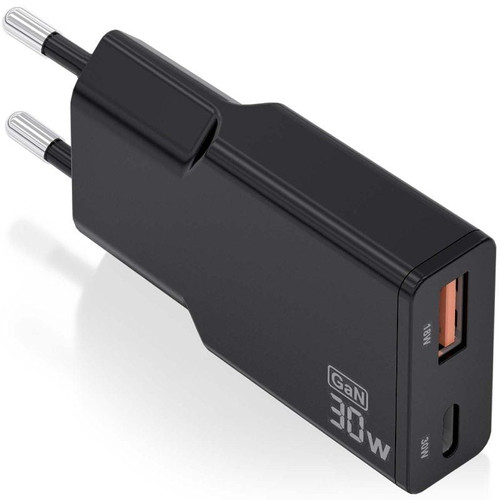 AISENS - CARGADOR GaN ULTRA DELGADO 30W, 1xUSB-C PD3.0 QC4.0, 1xUSB-A QC3.0, NEGRO