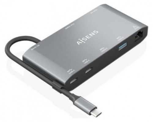 AISENS - USB-C DOCK 8 EN 1, USB-C A 1xHDMI, 1xVGA, 1xRJ45, 2xUSB-A, 2xUSB-C 5G, 1xUSB-C PD, GRIS, 20CM