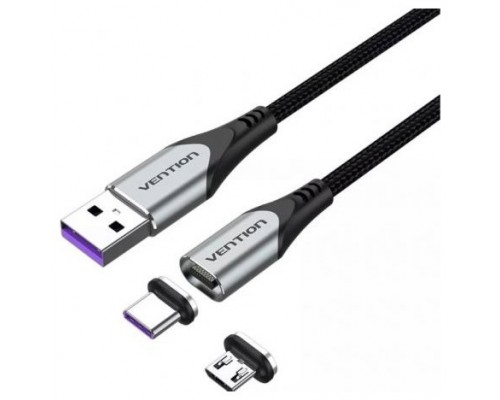 CABLE USB-A MAGNETICO CON ADAPTADOR MICROUSB/M USB-C/M 0.5 M GRIS VENTION (Espera 4 dias)