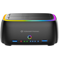 CONCEPTRONIC DONN36B Estacion de acoplamiento para discos duros RGB de doble bahia (para HDD/SSD de 2,5/3,5 pulgadas, 2x USB-A, lector de tarjetas SD/TF, UASP)
