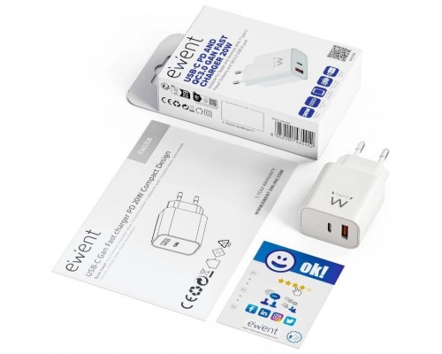 EWENT EW1318 Cargador r&aacute;pido USB-C PD 20W USB-A QC
