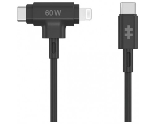 HYPER SILICONE USB-C TO USB-C AND LIGHTNING HYBRID 60W CABLE - BLACK