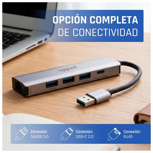 iggual Hub USB-A 5 puertos 3xUSB + RJ45 + tipo C-IA40 iggual Hub USB-A 5 puertos 3xUSB + RJ45 + tipo C