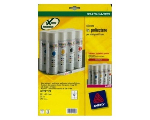 PAQUETE 20 HOJAS ETIQUETAS DE POLI&Eacute;STER BLANCO-IMPRESORAS L&Aacute;SER-99,1X42,3 MM AVERY L4776-20 (Espera 4 dias)