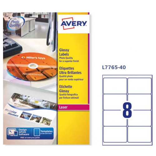 CAJA DE 40 HOJAS (8 ETIQXHOJA) ETIQUETAS BLANCAS BRILLANTES 99,1X67,7MM AVERY L7765-40 (Espera 4 dias)-SX25 CAJA DE 40 HOJAS (8 ETIQXHOJA) ETIQUETAS BLANCAS BRILLANTES 99,1X67,7MM AVERY L7765-40 (Espera 4 dias)