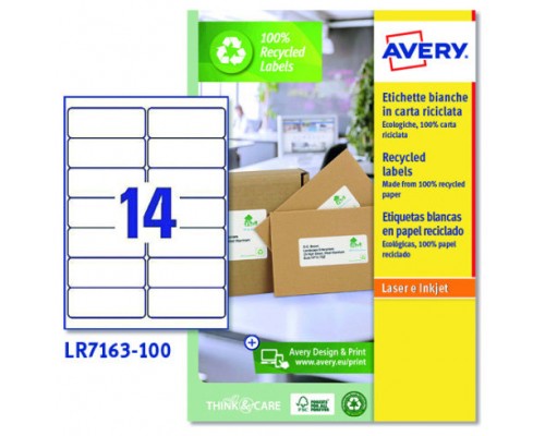 CAJA 100 ETIQUETAS BLANCAS RECICLADAS - QUICKPEEL - IMPRESORAS L&Aacute;SER 99,1X38,1MM - 14 ETIQUETAS POR HOJA AVERY LR7163-100 (Espera 4 dias)