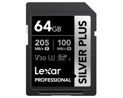 LEXAR 64GB PROFESSIONAL SILVER PLUS SDXC UHS-I CARDS,  UP TO 205MB/S READ 100MB/S WRITE C10 V30 U3 (Espera 4 dias)