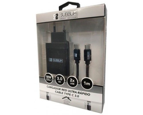 SUBBLIM CARGADOR ULTRA RAPIDO 2xUSB DE PARED PD18W+2.4A + Cable C to C Negro (Espera 4 dias)