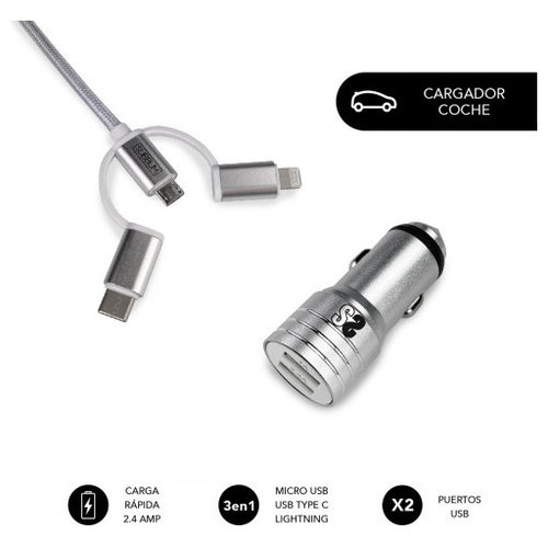 SUBBLIM Cargador Coche 2xUSB Dual Car Charger Alum 2.4A + Cable 3 in 1 Silver (Espera 4 dias)-SX36 SUBBLIM Cargador Coche 2xUSB Dual Car Charger Alum 2.4A + Cable 3 in 1 Silver (Espera 4 dias)