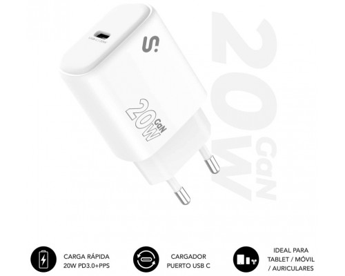 CARGADOR PARED/VIAJE USB-C GaN 20W PD BLANCO SUBBLIM (Espera 4 dias)