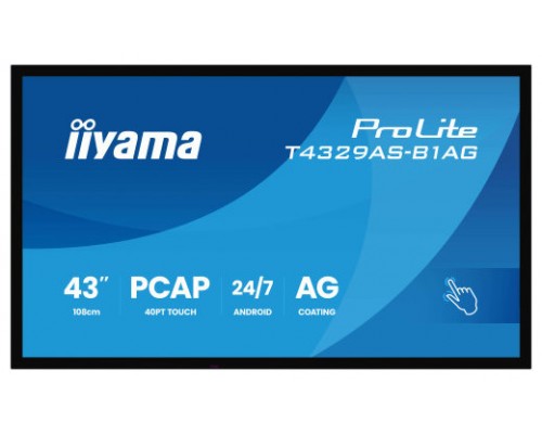 MONITOR IIYAMA 43" ALL-IN-ONE PCAP INTERACTIVE/ ANDROID 14 OS/ 3840 x 2160/ 450CD/M² WITH TOUCH/ HDMI X2 + USB-C/RS-232C X1/ WiFi 5 - 2.4G / 5G/ RAM: 4GB, ROM: 32GB/ TOUCH THROUGH-GLASS (T4329AS-B1AG) (Espera 4 dias)
