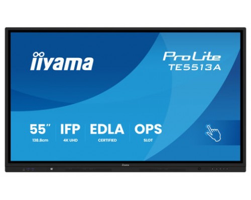 PANTALLA INTERACTIVA 55" EDLA, ANDROID 14, 8/128GB UHD IPS, MM 2X 20W  + 20W SUBWR, 2X HDMI, DP , 2X USB-C,  450CD/M, HORIZ , MEDIA PLAY USB PORTS, ANTIGLARE, LAN, RS232C, IIWARE WIFI-6/BT 5.0, OPS SLOT, VESA 400X400 (MOUNT INCLUDED) (TE5513A-B1AG) (