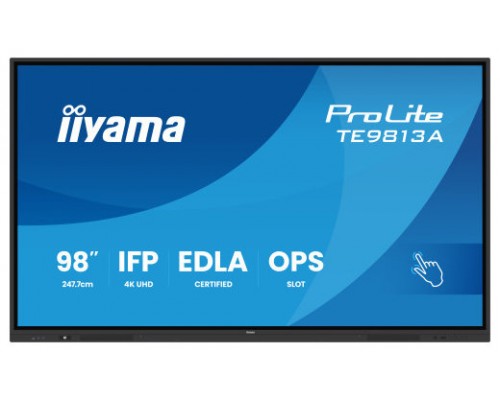 PANTALLA INTERACTIVA 98" EDLA, ANDROID 14, 8/128GB UHD IPS, MM 2X 20W  + 20W SUBWR, 2X HDMI, DP , 2X USB-C,  450CD/M, HORIZ , MEDIA PLAY USB PORTS, ANTIGLARE, LAN, RS232C, IIWARE WIFI-6/BT 5.0, OPS SLOT, VESA 400X400 (MOUNT INCLUDED) (TE9813A-B1AG) (